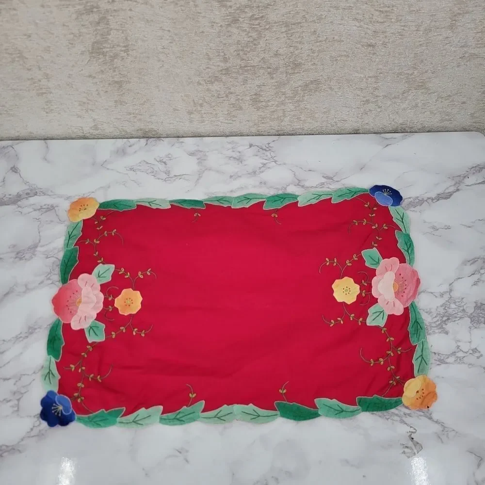 Vintage Placemat Set Red and Blue with Hand Embroidered Flowers Leaves 4pc